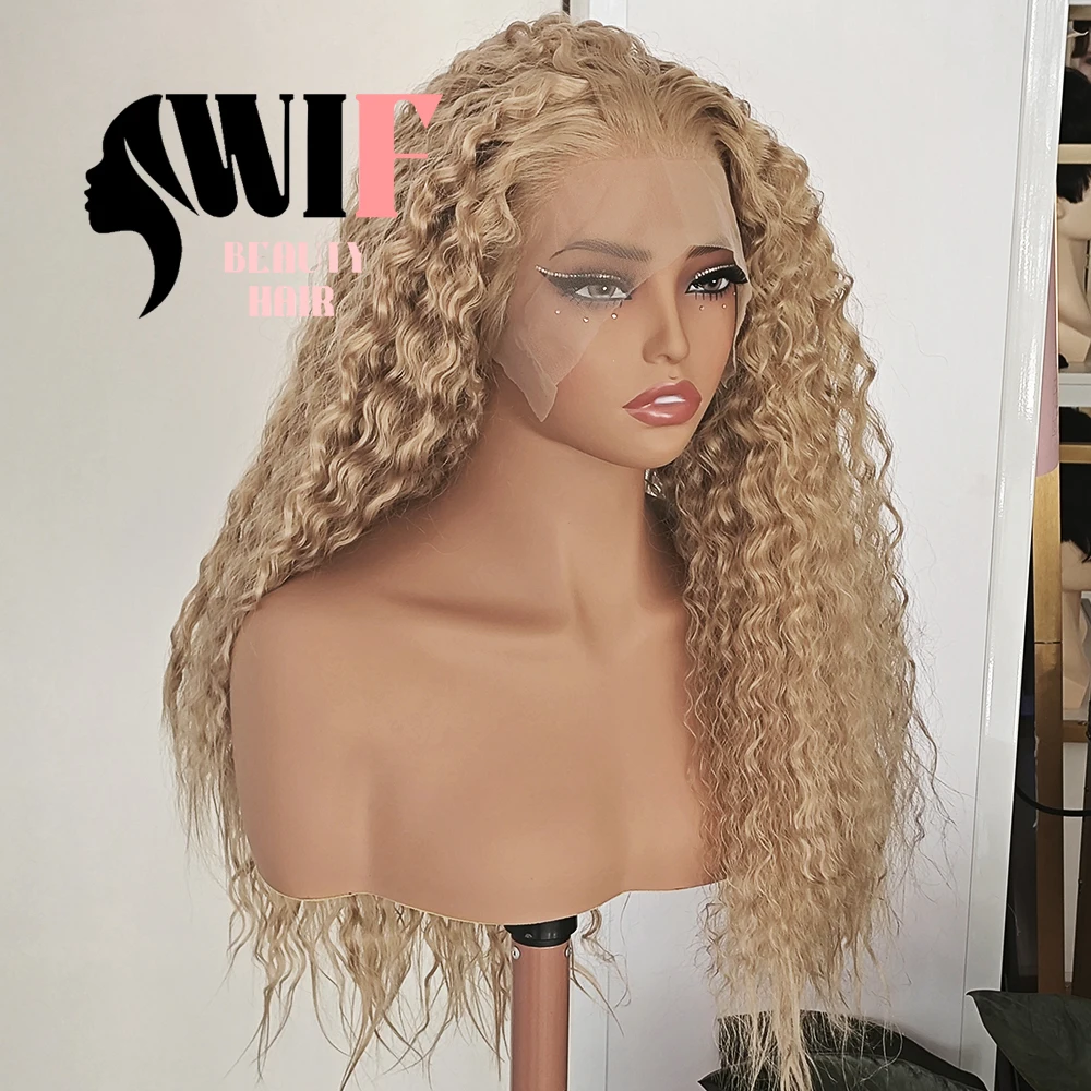 WIF-Perruque Synthétique Bouclée Blonde Frisée pour Femme, Cheveux Bouclés, Respectueux de la Chaleur, Kinky, Wavy, Lace Front, Maquillage, 03/Usage