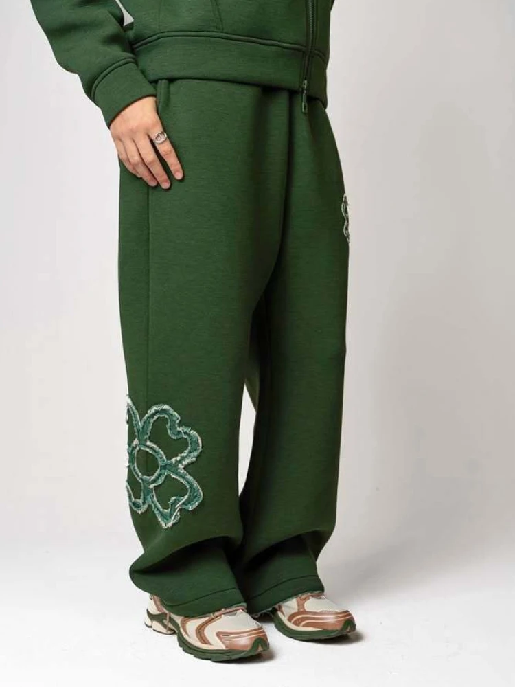 Olivgrünes Street-Style-Hoodie- und Hosen-Set für Herren, lässig, locker, 2-teilig, bestickter Reißverschluss, Sportbekleidung, Mode