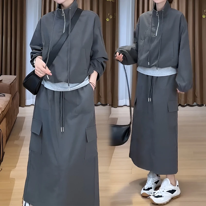 

Модные элегантные юбки, костюмы для женщин, пальто с длинным рукавом и воротником-стойкой, юбка трапециевидной формы с высокой талией, осень-зима, повседневный комплект из двух предметов