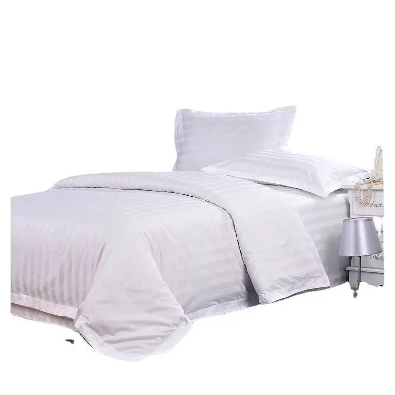 Luxury 4 Piece White 100 Cotton Satin Stripe Bedding Set Hotel Guest Room Bed Sheet Duvet Cover Linen Bed Linens for Home Commer
