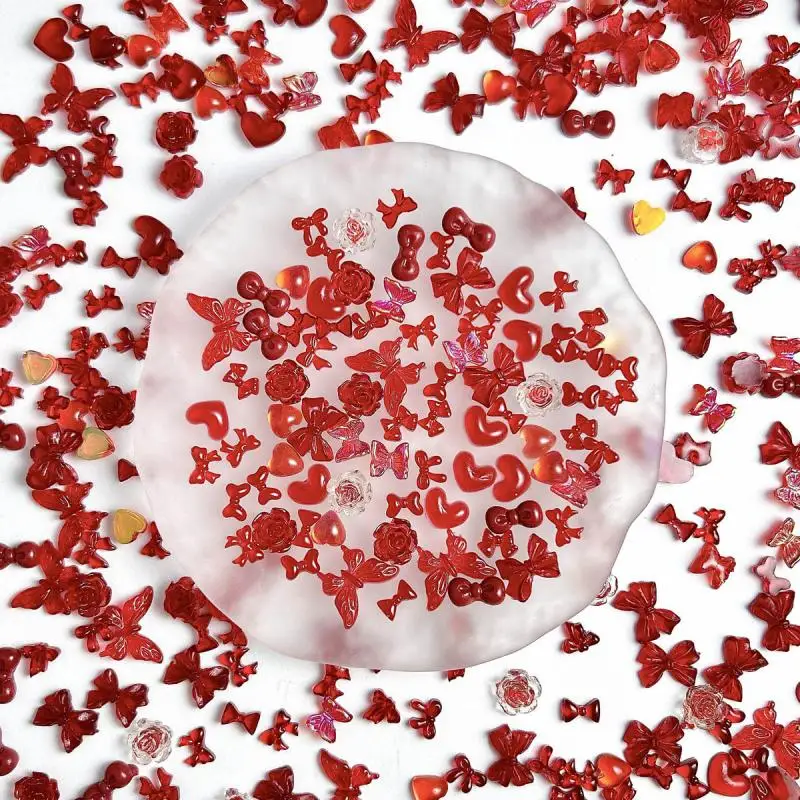Multiple Style Bows Flowers Mixed Nail Charms Jelly Retro Red Heart Butterfly Nail Art Decorations for Making DIY Nails Supplies