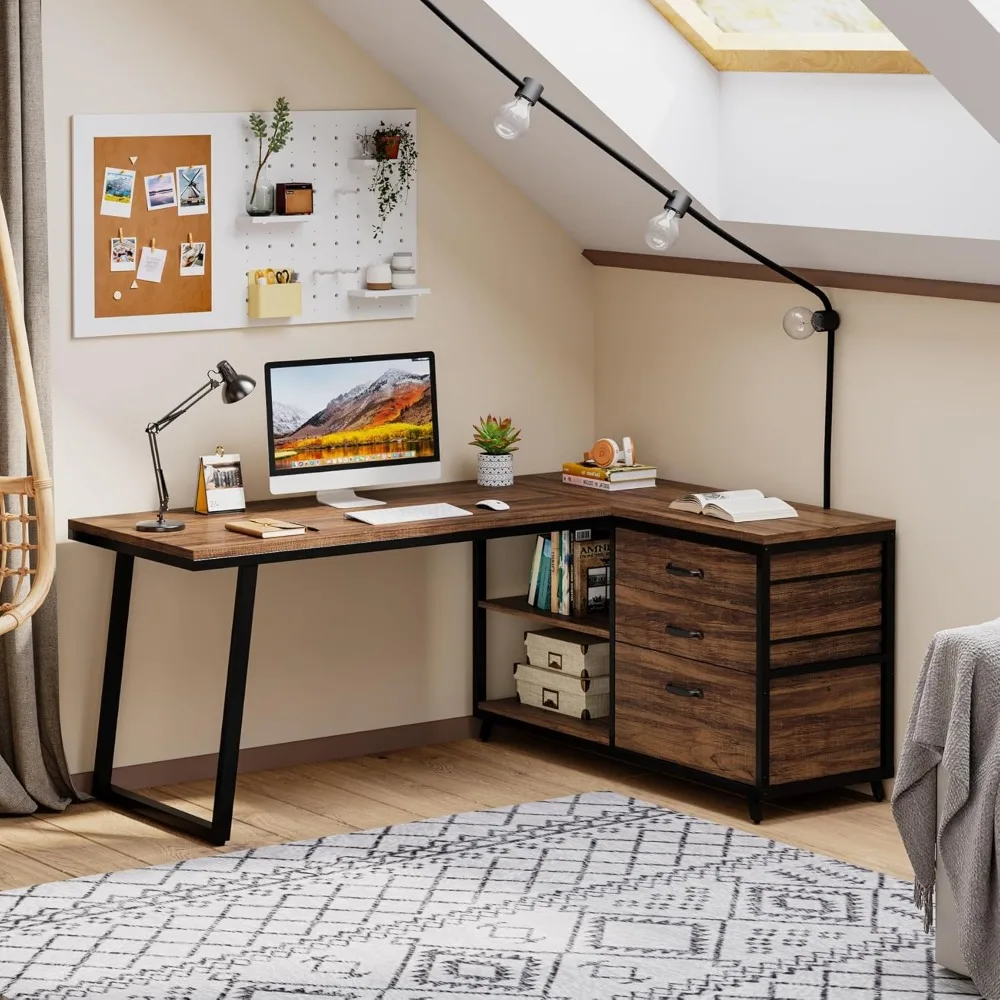 L-Shaped Computer Desk with 3 Drawers, Reversible Corner Home Office Desk with Shelves