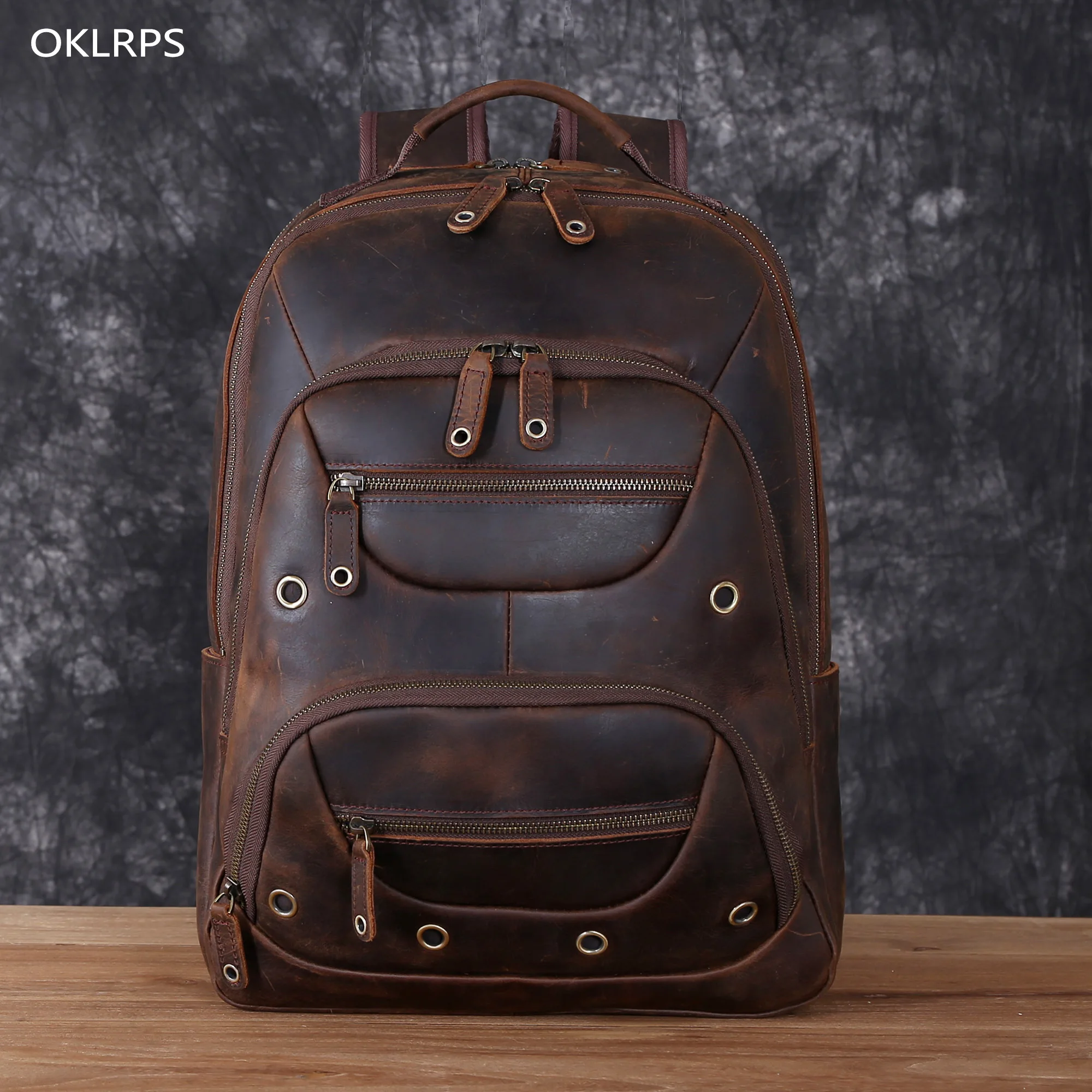 Vintage Leather Backpack Men\'s Backpack Top Layer Cowhide Large Capacity Hiking Bag Multi-Layer Travel Bag Computer Bag