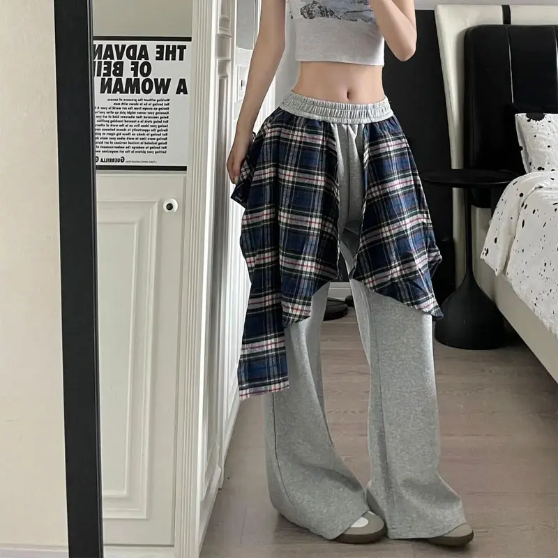 Spring Autumn American Retro Plaid Trousers Two Pieces Sweatpants Women's Clothing Straight Casual Loose Patchwork Pants