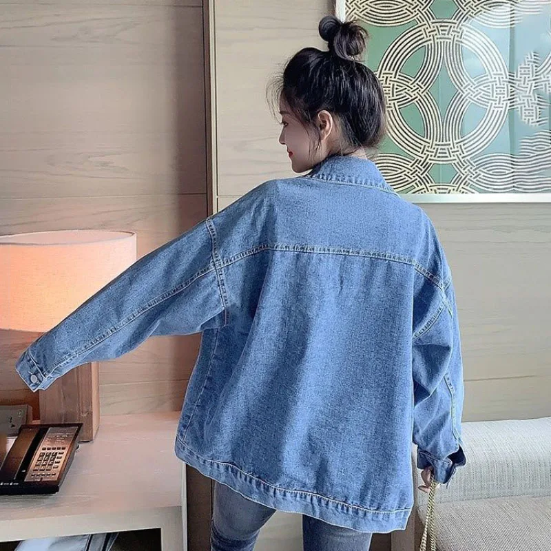 Women's Double-Breasted Loose Fit Denim Jacket Korean Style Fried Street BF Jeans Coat Spring Autumn Outwear