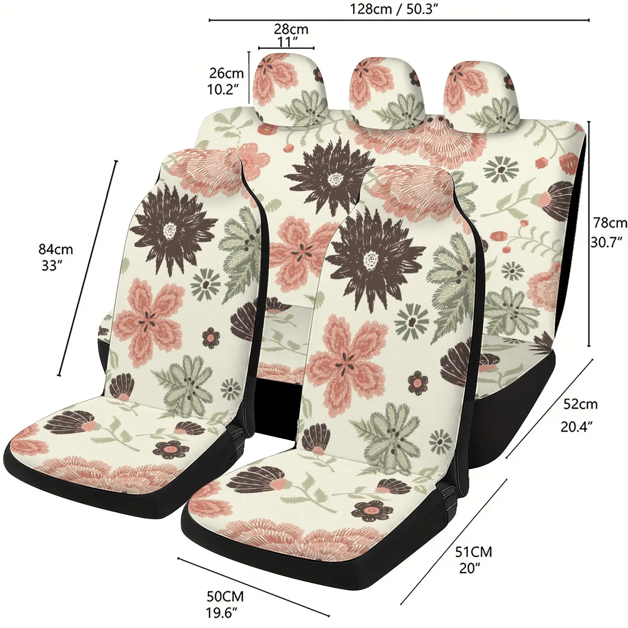 Full Set Light Base Pink Brown Hand Drawn Floral Pattern Five Seat Car Seat Covers Printed Thickened All Season Complete Seat Pr