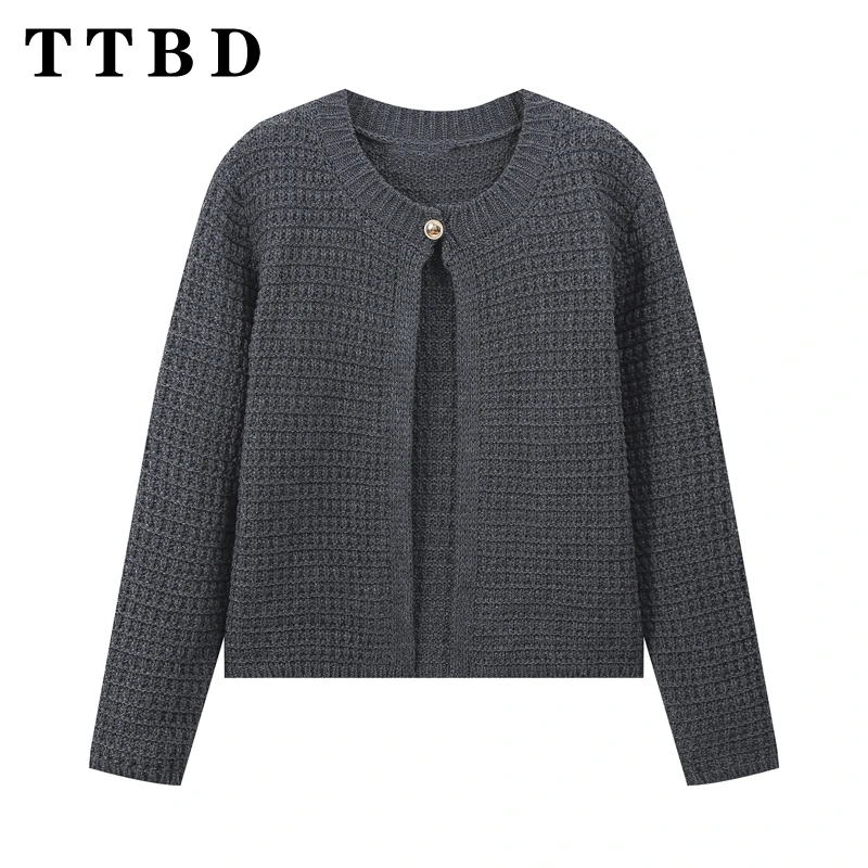 TTBD Frau 2024 Neue Herbst Vintage Einfarbig Langarm Strickjacke Top Weibliche Casual Stricken Eine Tasten O-kragen jacke Mantel