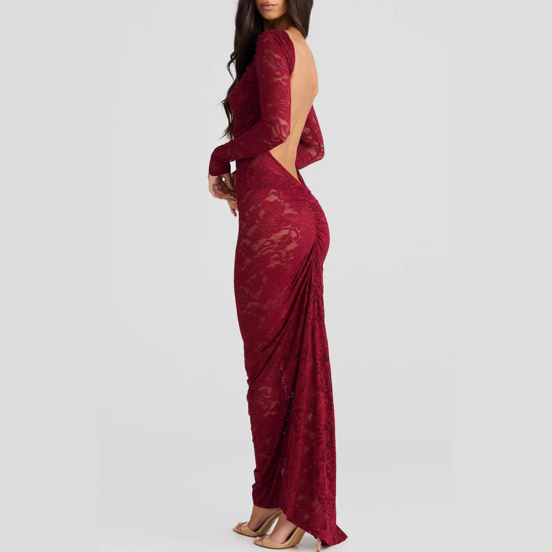 Women Lace 2025 Sheer New Long Sleeve Dress Backless Fashion Sexy Slim Fit Bodycon Long Dress