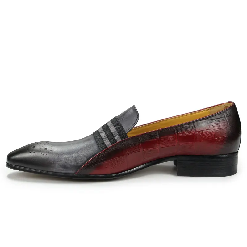 Loafer Men Fashion Cowhide Shoes Casual Gentleman Party Wedding Leather Shoes Gray Red Mixed Striped Elastic Band Footwear