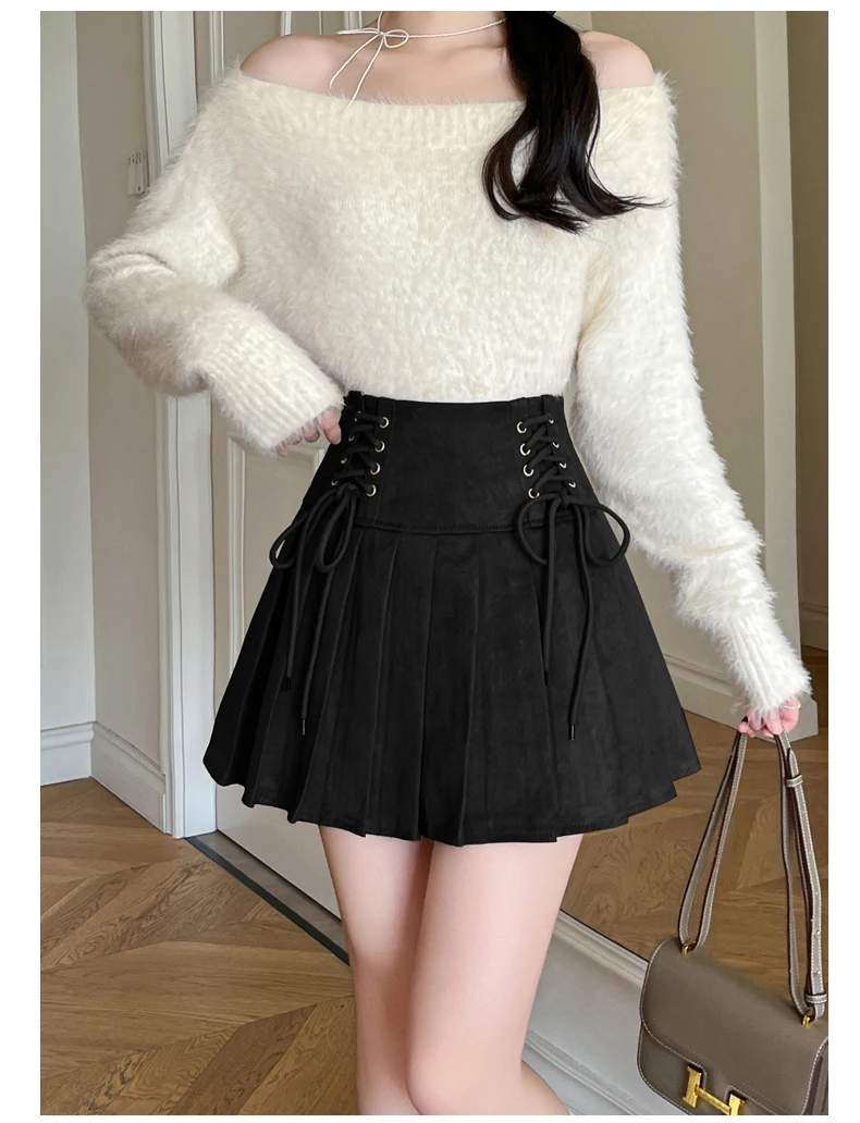 Women's 2025 New Collection Suede A-Line Skirts High Waisted Pleated Mini Flared Skirt for Autumn Winter, Casual Short Skirt