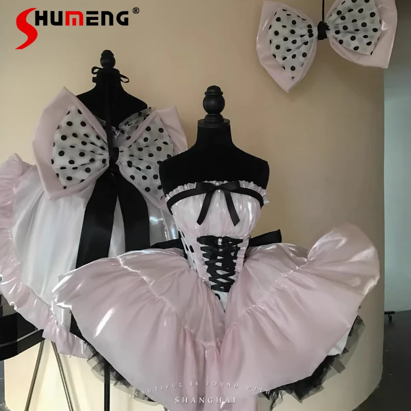 

Birthday Party Sweet Lolita Strapless Polka Dot Big Bow Puffy Pink Ruffle Dress Beautiful Cute Princess Daily Dresses For Girls