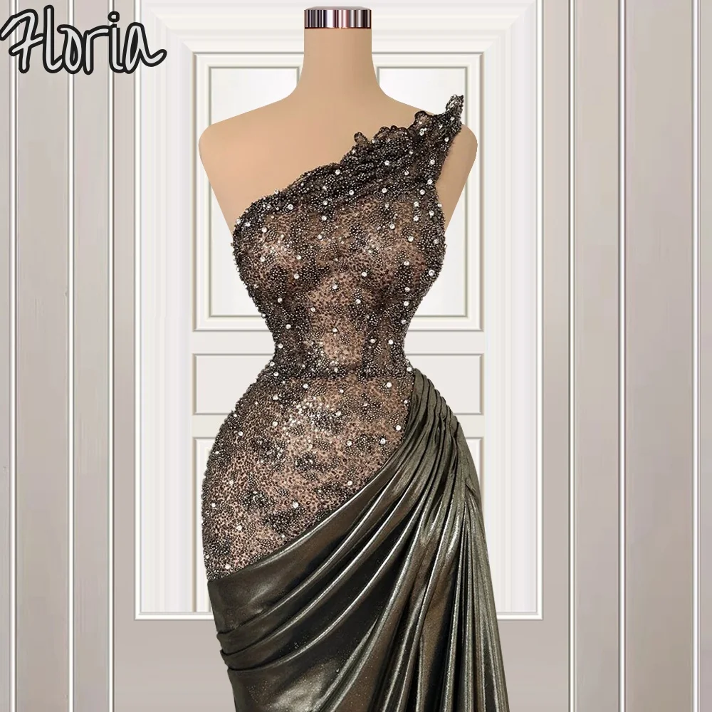 

Customized Sexy Beaded One Shoulder Mermaid Formal Evening Party Dress Fashion Black Pleat Sleeveless Gala Dresses Prom Dresses
