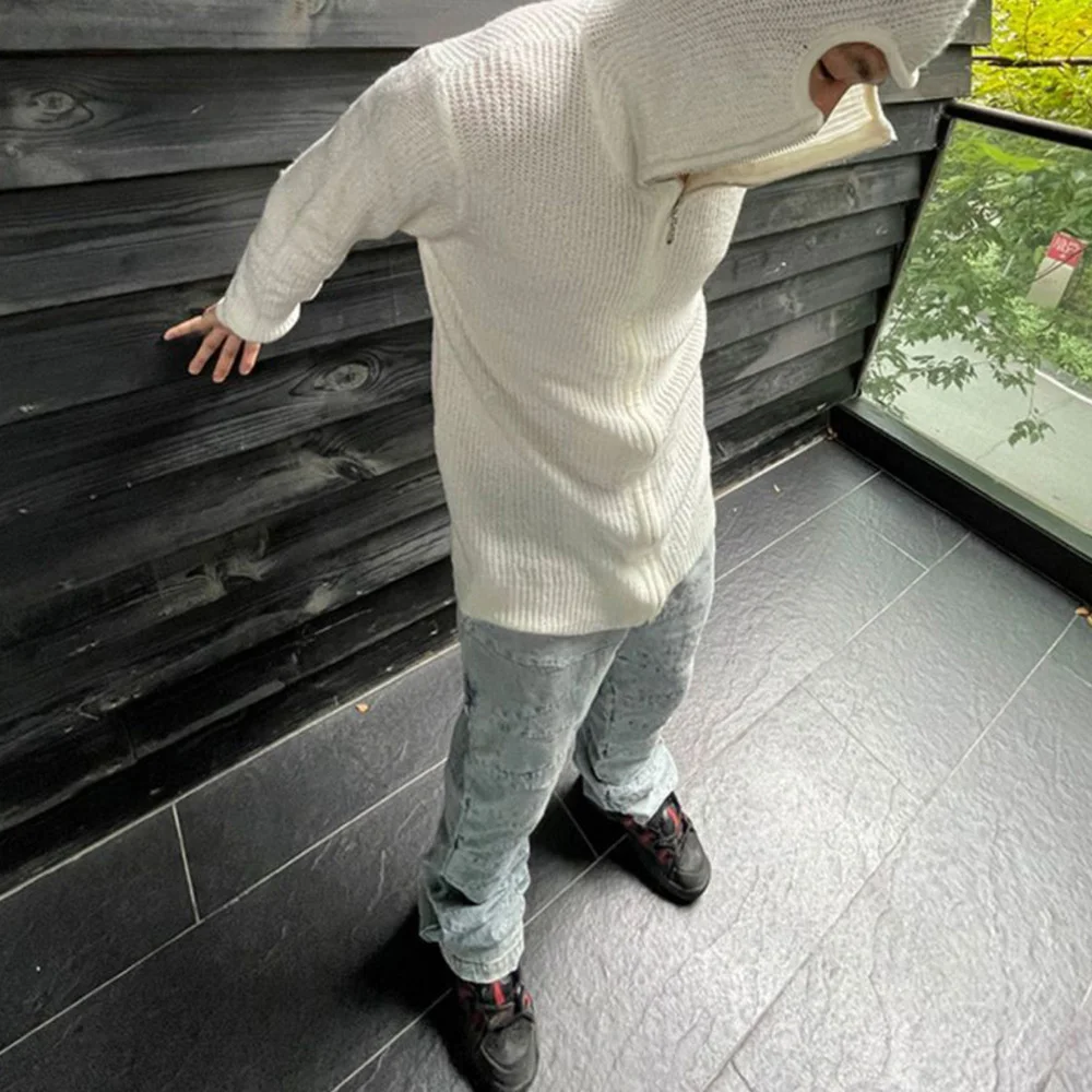 Spring Fall Personalized Y2k Street Hip Hop Sweater Fashion Zipper Hood Cardigan Men's Long Sleeve Jacket Neutral Knitted Coat