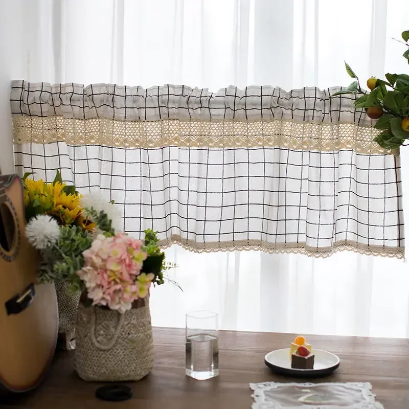 Valance Short Window Curtain Plaid Rod Pocket with Lace Vintage W140xL50cm Farmhouse Linen Kitchen Curtains Modern Style Casual