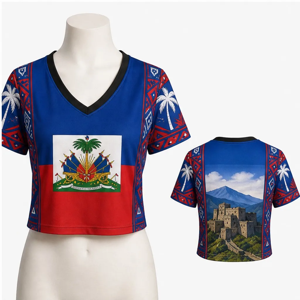 Womens Haiti V Neck Short Sleeve Crop Top Tribal Border Fortress Graphic Casual Summer Shirt for Street Holiday Festival Styling