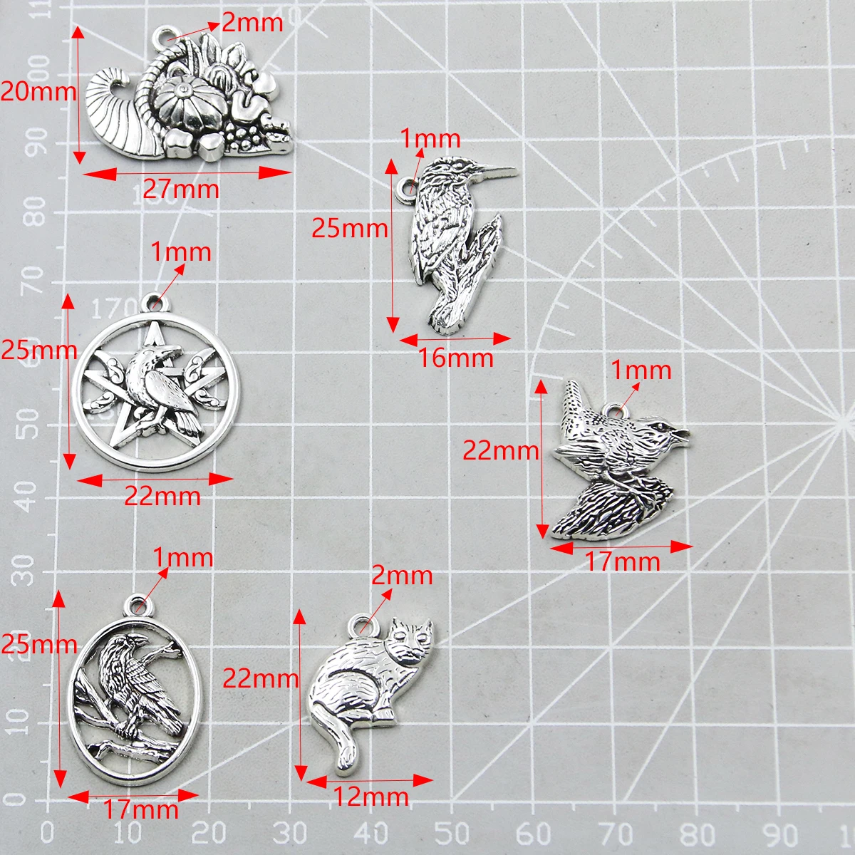 10Pcs Mixed Style Zinc Alloy Hollow Animal Pendant Cat Snail Bird Crow Woodpecker Charm Jewelry Making DIY Handmade Craft