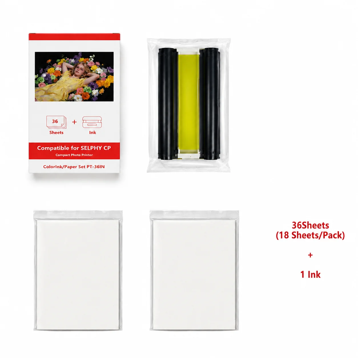 Compatible Photo Paper Ink Cartridge Set For Selphy CP Series Photo Printer, Sublimation Color Ink Ribbon + Photo Paper Kit, 36/