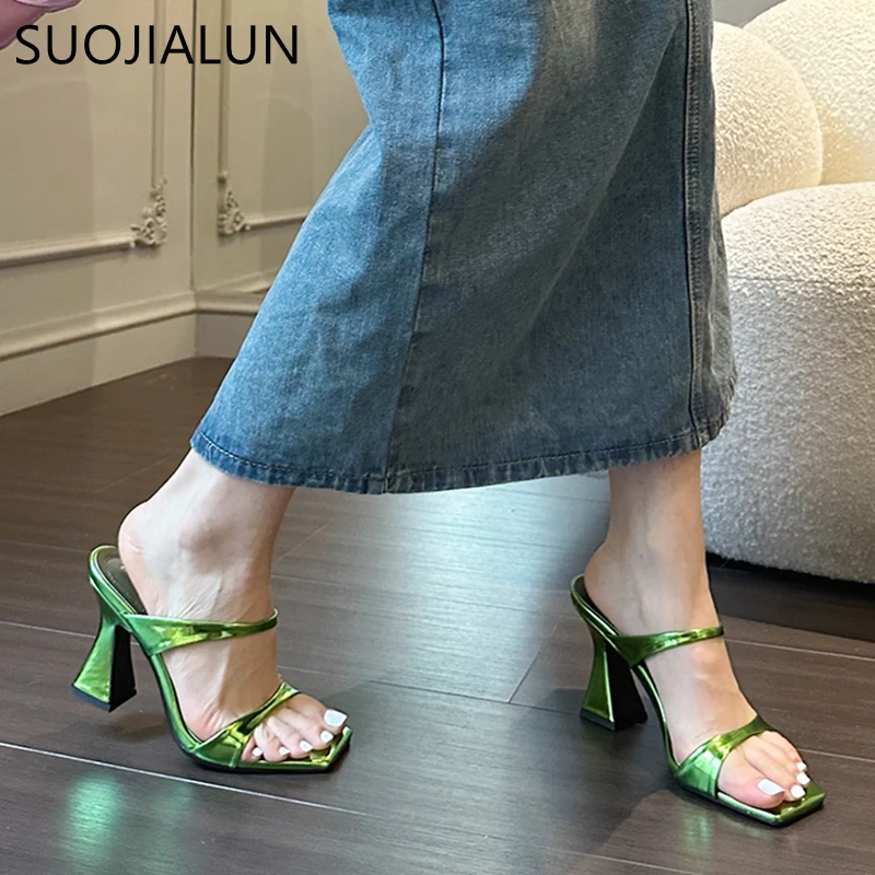 SUOJIALUN 2023 Summer New Brand Women Slipper Square High Heel Ladies Sandal Shoes Narrow Band Elegant Outdoor Dress Pumps Shoes