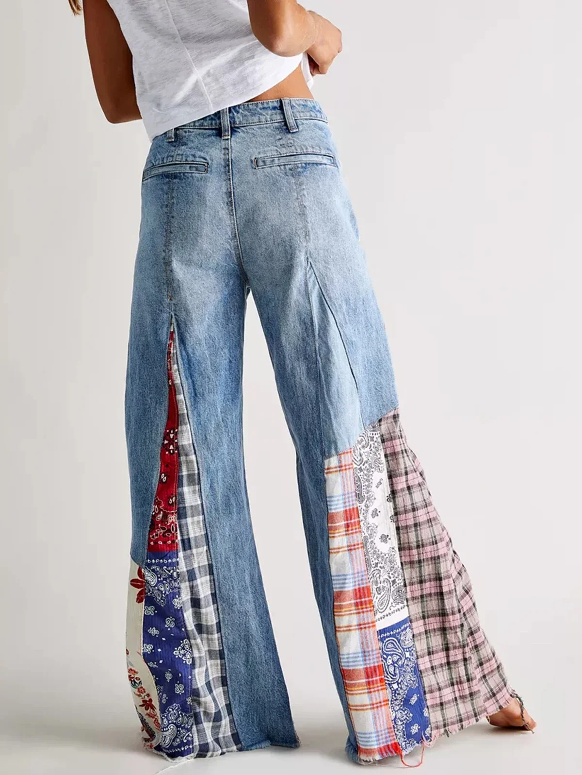 Pantaloni a zampa grande in Denim Patchwork da donna pantaloni a vita media con cerniera Vintage Streetwear tasca a gamba larga primavera autunno