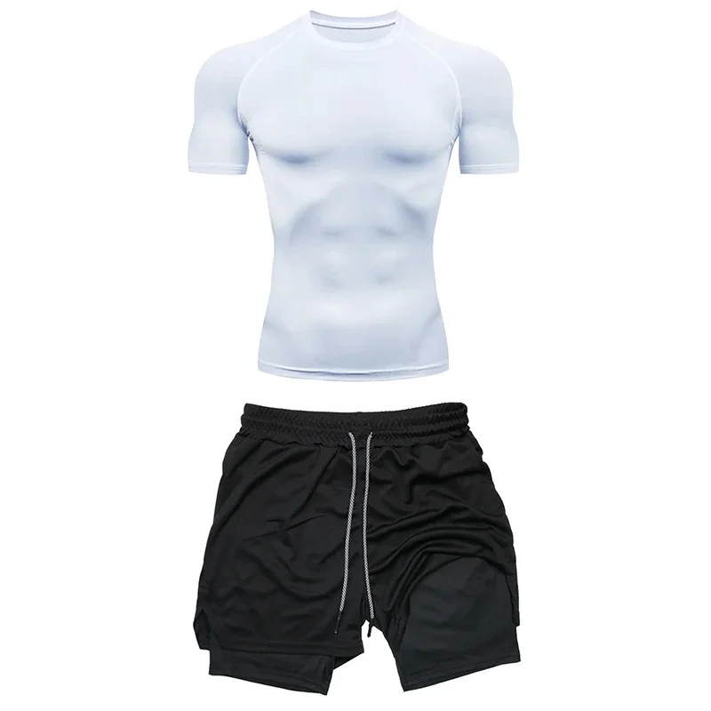 Ensemble de sport à manches courtes pour homme, chemise de compression, short de course avec poches, Rash Guard, Y-2-en-1