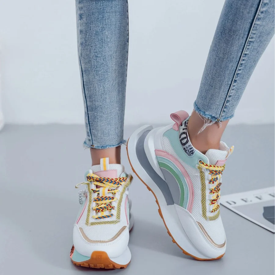 Trendy Pearl Platform Dad Shoes Niche Fashion Rainbow High Top Sneakers Popular Versatile Outdoor Sports Casual Walking Shoes view 5