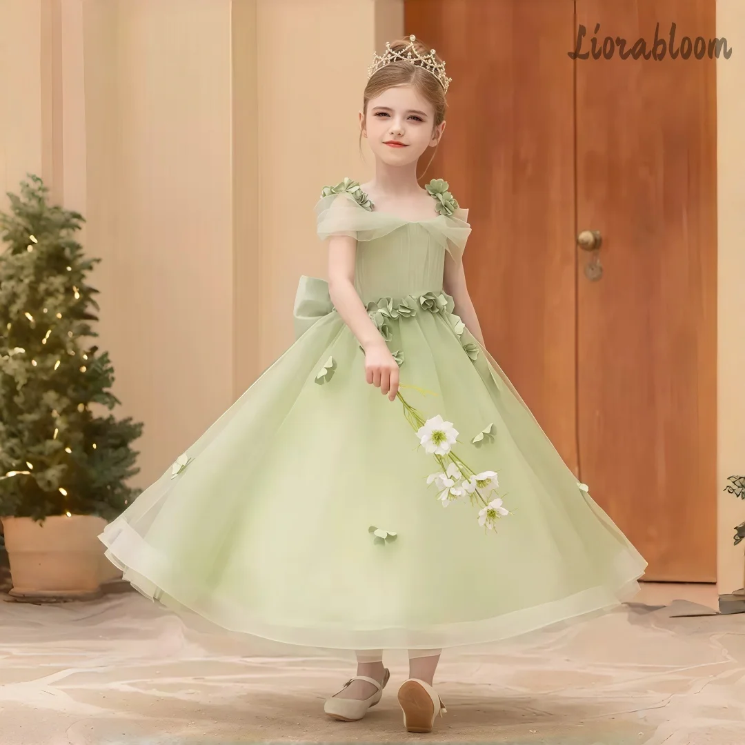 Abito da bambina verde con spalline, decorazioni floreali in rete, abito da damigella voluminoso a strati, vestito da festa con gonna ampia, abito da cerimonia nuziale