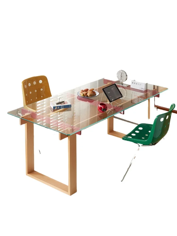 Tempered glass dining table Solid wood table Beech long  Workbench Living room desk Large board