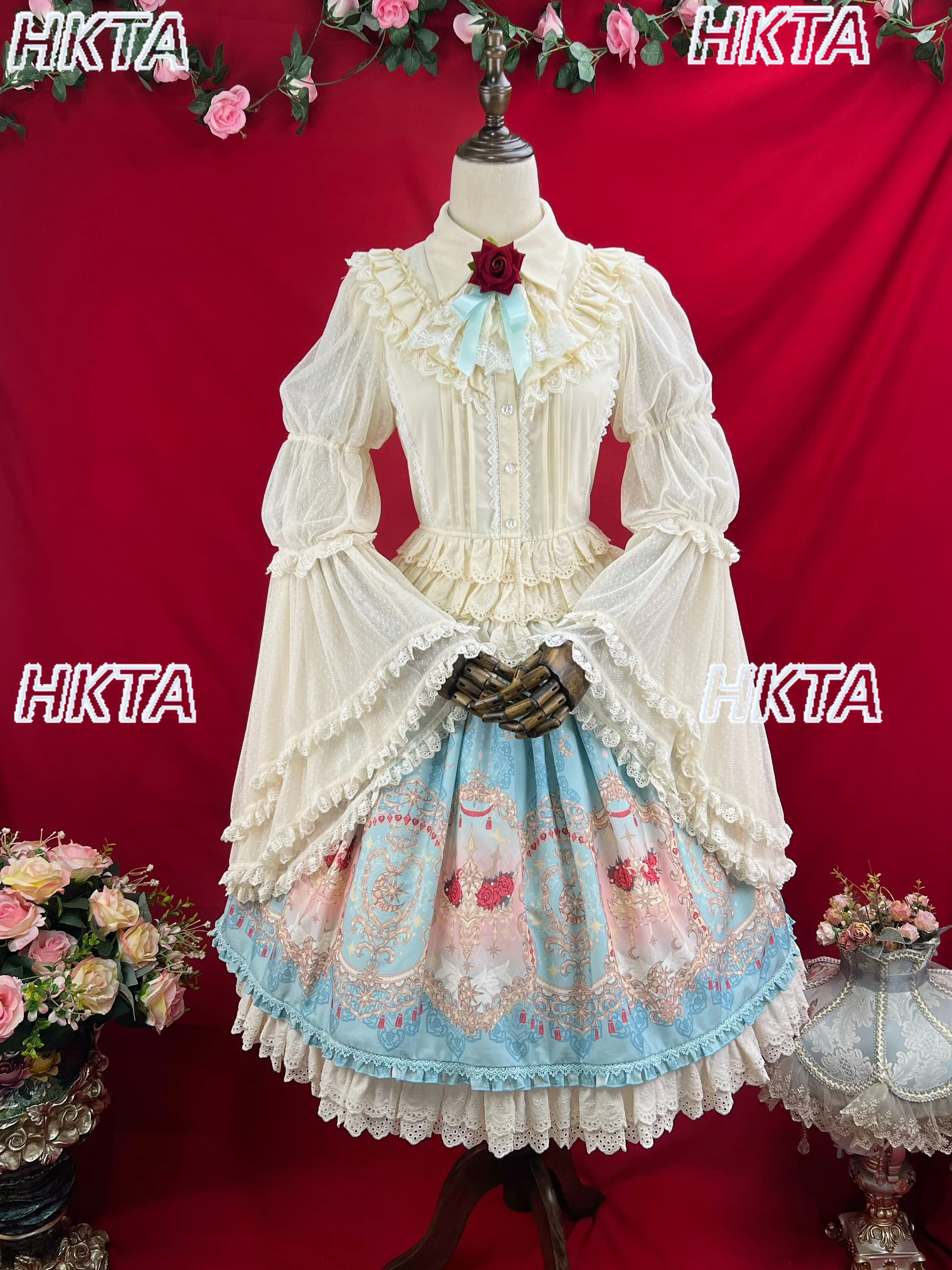 

Элегантные темпераментные милые комплекты в стиле Лолиты, роговые длинные рукава, воротник-поло, плиссированная кружевная рубашка с высокой талией, женские юбки с принтом