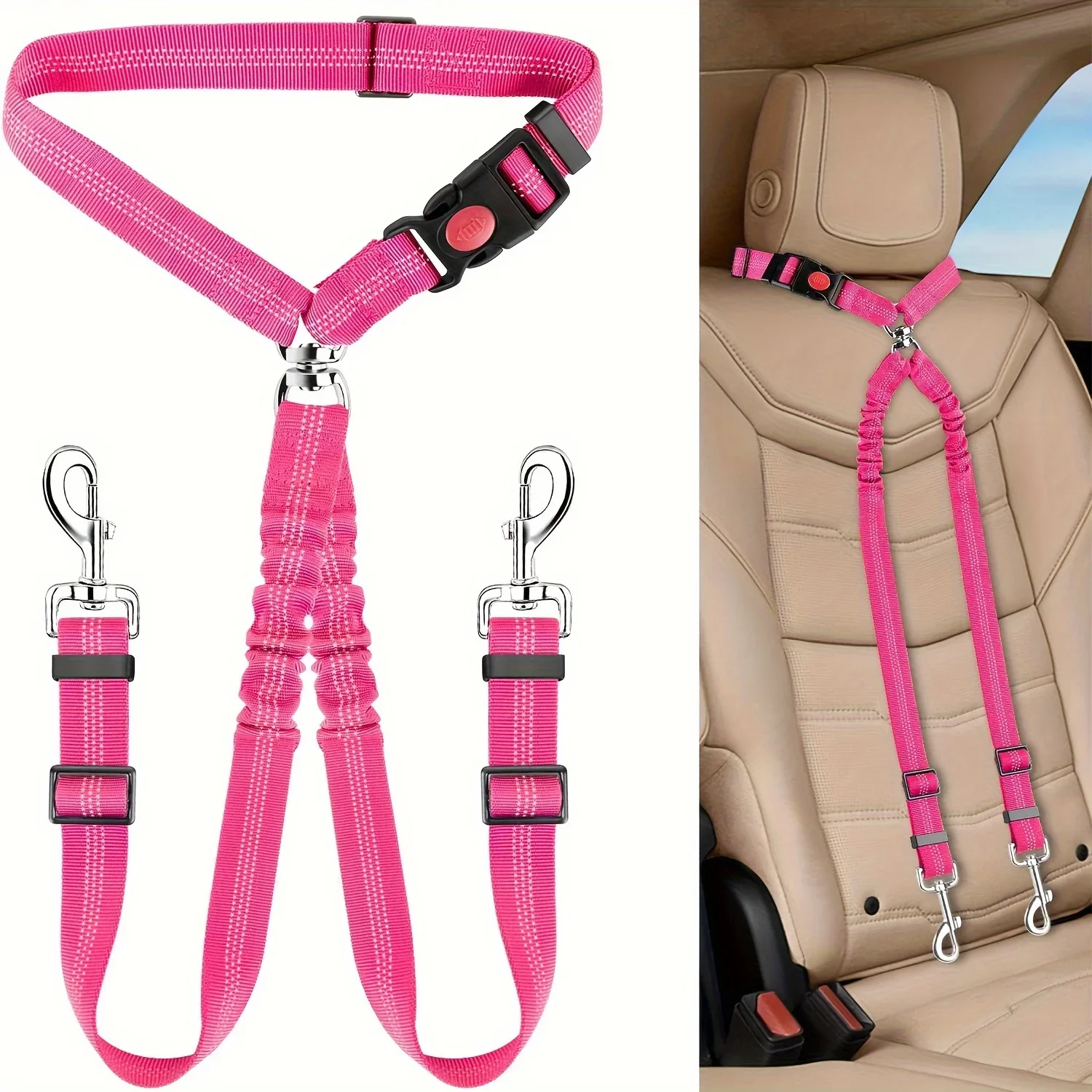 

1Pcs Pet Dog Seat Belt Car Supplies Cat Car Fixed Dog Chain Buffer Traction Car Safety Rope One Belt Two Dog Leash