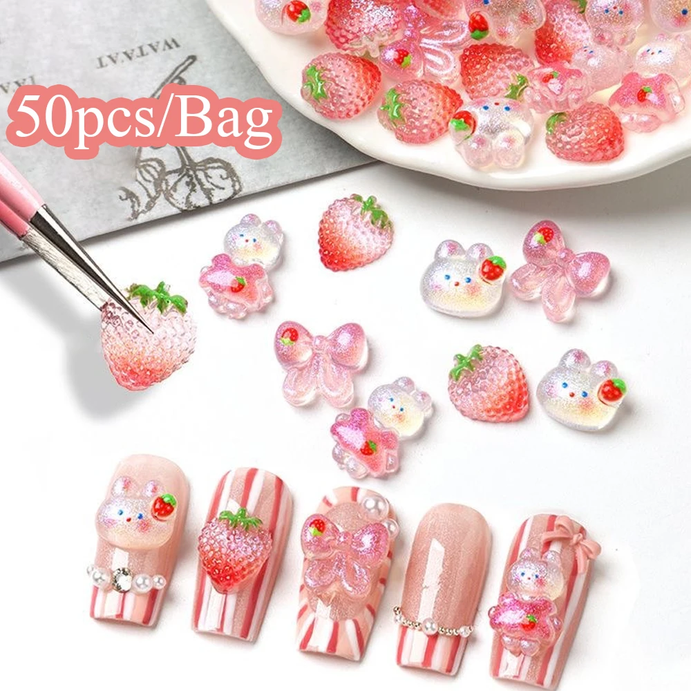 50 Uds. De dijes 3D para uñas con lazo de conejo y fresa, bonitos dibujos animados, Aurora rosa, gradiente, brillo, accesorios para uñas de conejo Y2K, Mini decoración para uñas ﻿