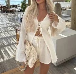 2024 Autumn New Women Clothes European And American Street Style Fashion Casual Long Sleeve Lace-up Top Casual Shorts Suit