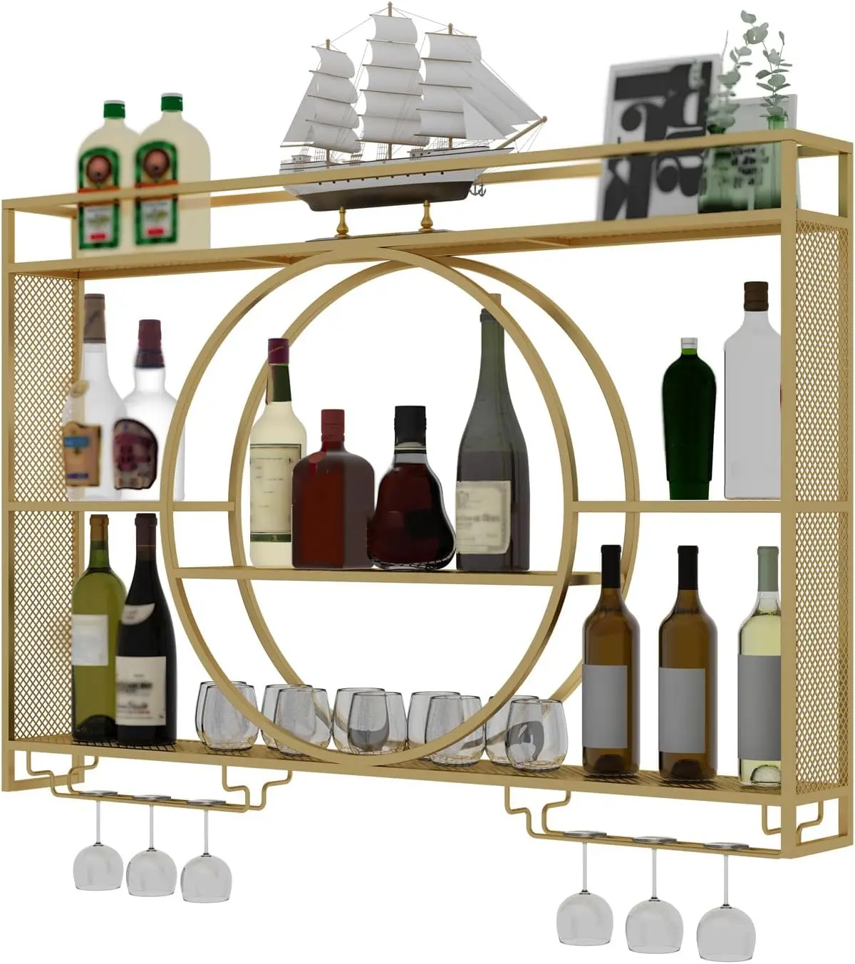 Wall Mounted Wine Rack, Metal Large Capacity Hanging Wine Rack, 3 Layer Round Wine Rack, Wall Bar Cabinet With Glass Holder