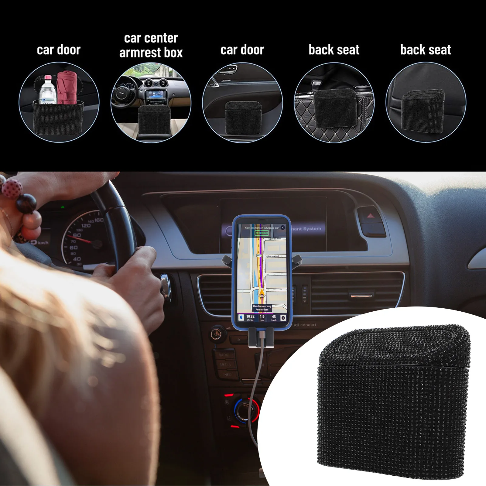 

Plastic Can Garbage Can For Car Durable Compact Garbage Bin for Vehicle Car Bin Office Kitchen Bedroom Bling Design