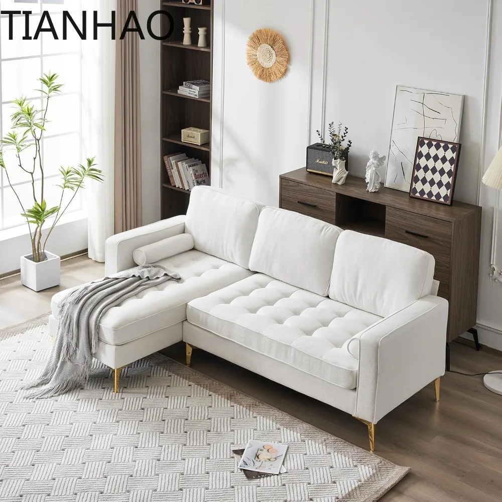 L-Shaped Linen Sectional Sofa | with Reversible Chaise & Lattice-Decored Cushion | Living Room Futon Couch