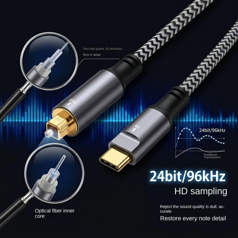 DT23 USB C to Optical Audio Cable Type-C to SPDIF TOSLINK 96KHz 24Bit, Nylon Braided, for Phone Tablet Laptop to DAC Amplifier