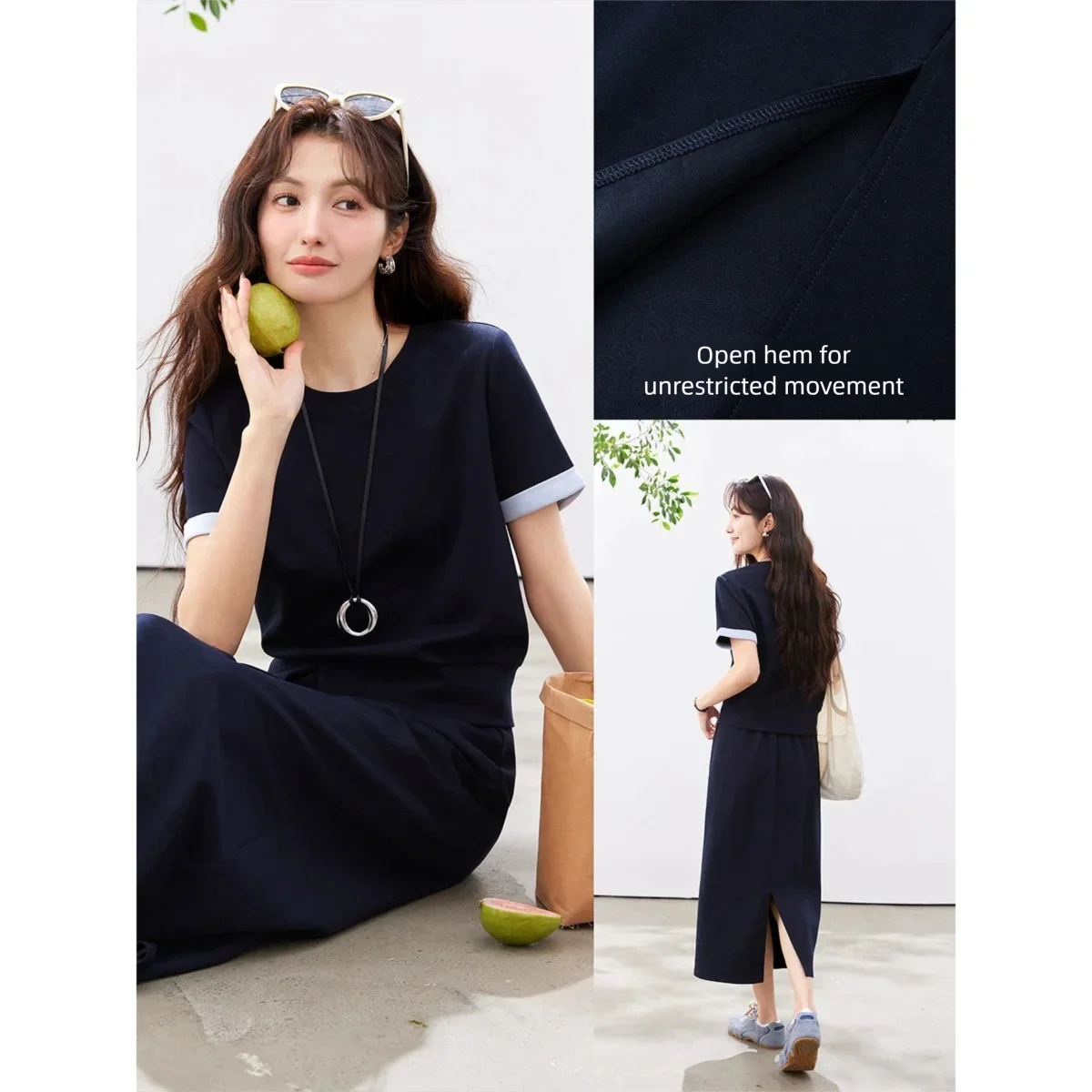 VIMLY Navy Casual Office Women's Suit 2026 Summer Contrast Folded Cuff Short Sleeve Tee Elastic Waist Straight Skirt Sets A6390 image 2