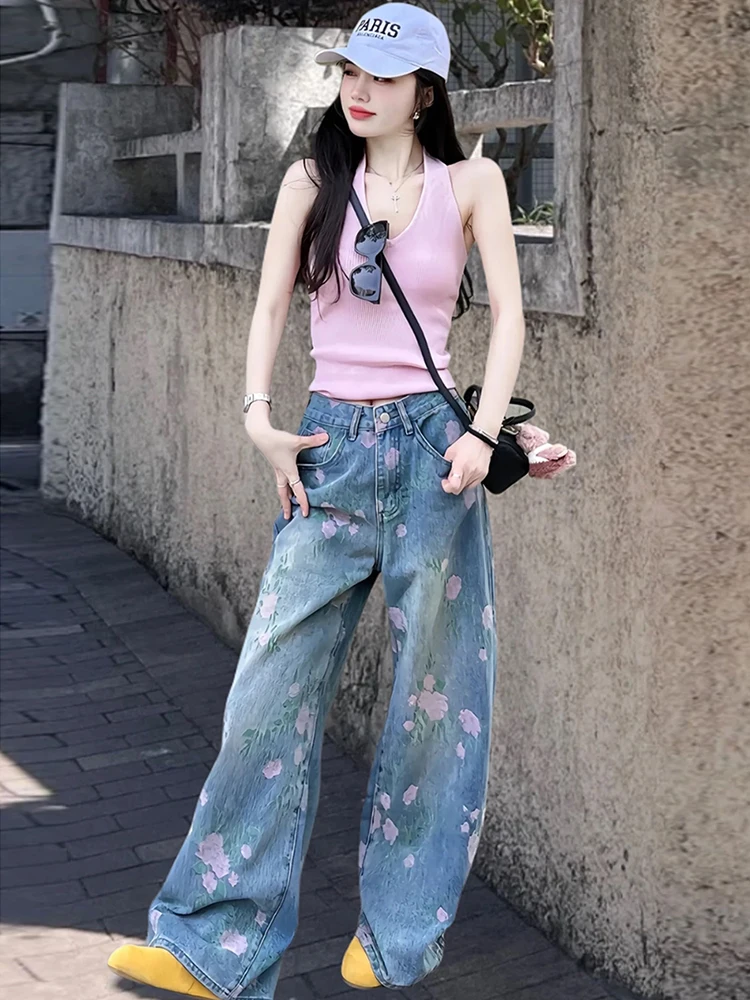 

American Sle Heavy Embroidery High Waist Straight Leg Denim Jeans Women's Loose Drapey Floor Length Wide Leg Pants
