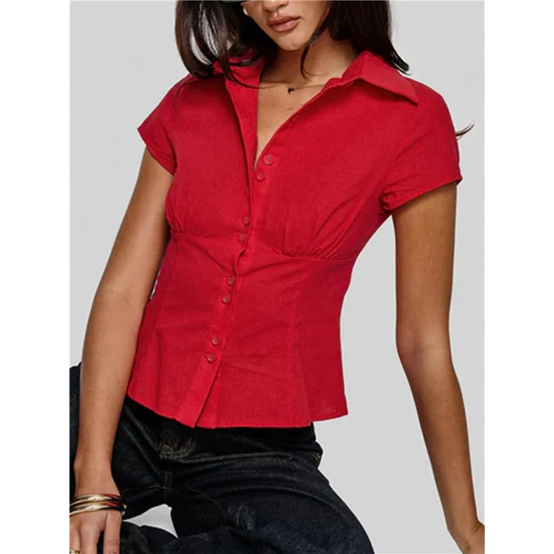 

AOAO-Women Y2k Short Sleeve Button Up Shirt Lapel Collar V Neck Plaid Open Front Blouse Casual T-Shirt