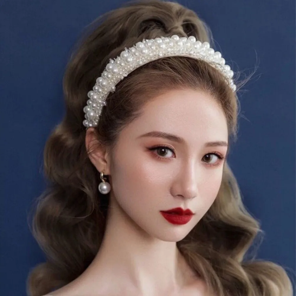 

Fashion Wide Side Bridal Hair Hoop Baroque Large Pearl Headbands Handmade Korean Style Women Hairbands Party