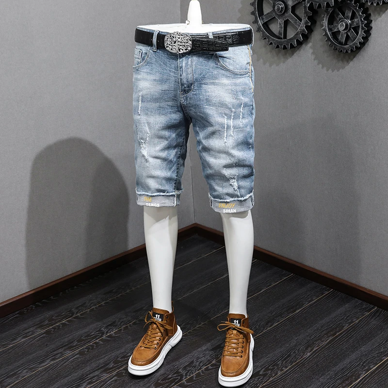 

Denim shorts men's ripped scraped summer American style trend straight loose fitting men's thin casual short pants jeans men