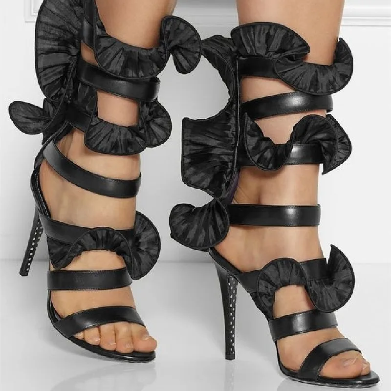 

Summer New One Line Ruffled Ruffle Edge Wrap Heel Show Sandals Slim High Heels Banquet Dress Versatile Large Women's Shoes