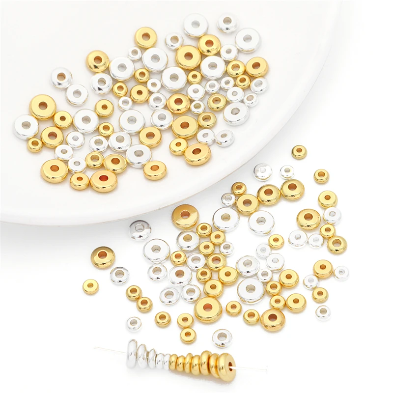 10pcs 14K Gold/Silver Plated Copper Loose Flat Round Spacer Beads for Bracelet Necklace DIY Jewelry Making Charms Accessories