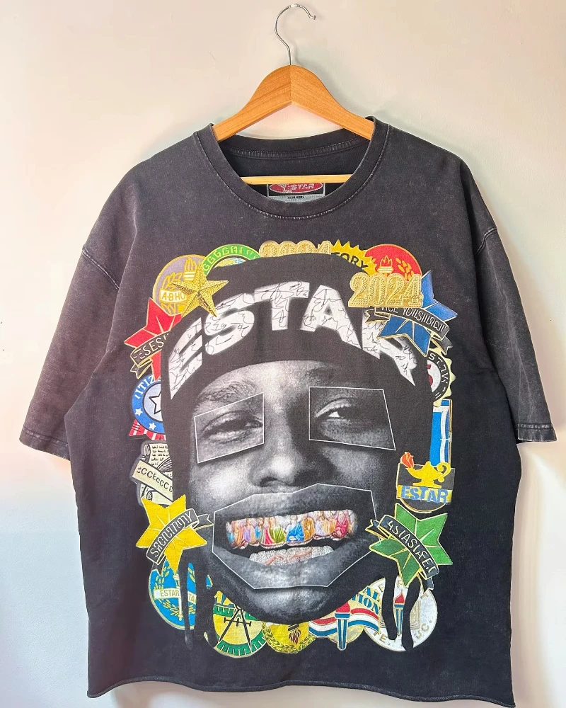 

Женская футболка большого размера в американском стиле с готическим портретным принтом Y2K, уличный хип-хоп, Harajuku, свободный и универсальный топ с короткими рукавами