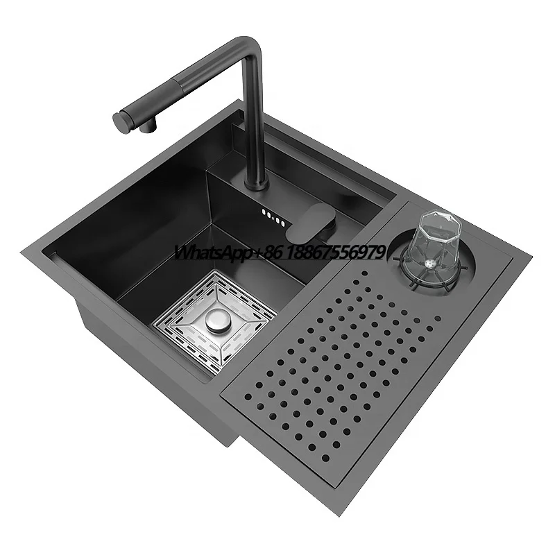 

55x45cm Small Hidden Single Bowl Bar Kitchen Sink with Portable Lifting Cold Hot Water Faucet for Bar Kitchens