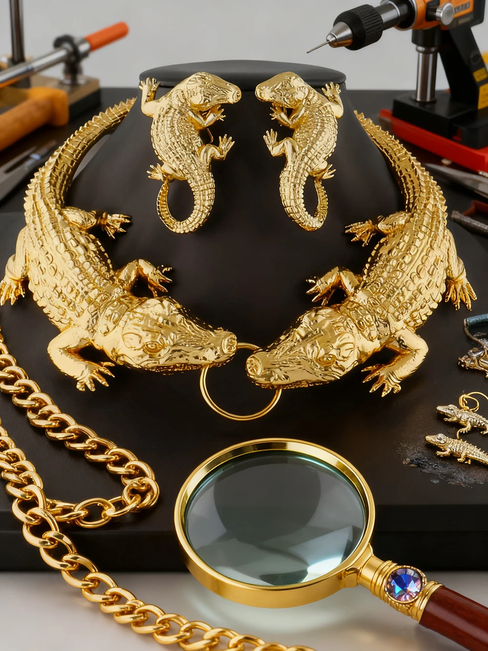 

African 18K Gold-Color Large Crocodile Jewelry Set for Women, Big Necklace & Earrings Bracelet, Bride Wife Anniversary Gift, Sta
