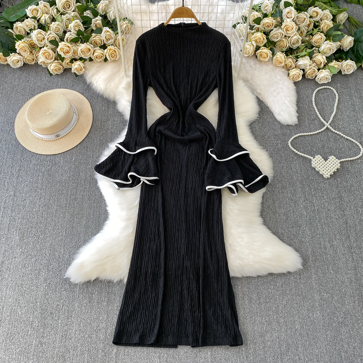 Sexy elegante manga longa listrado lápis vestido vestidos femininos festa francês vintage cerimônia vestidos