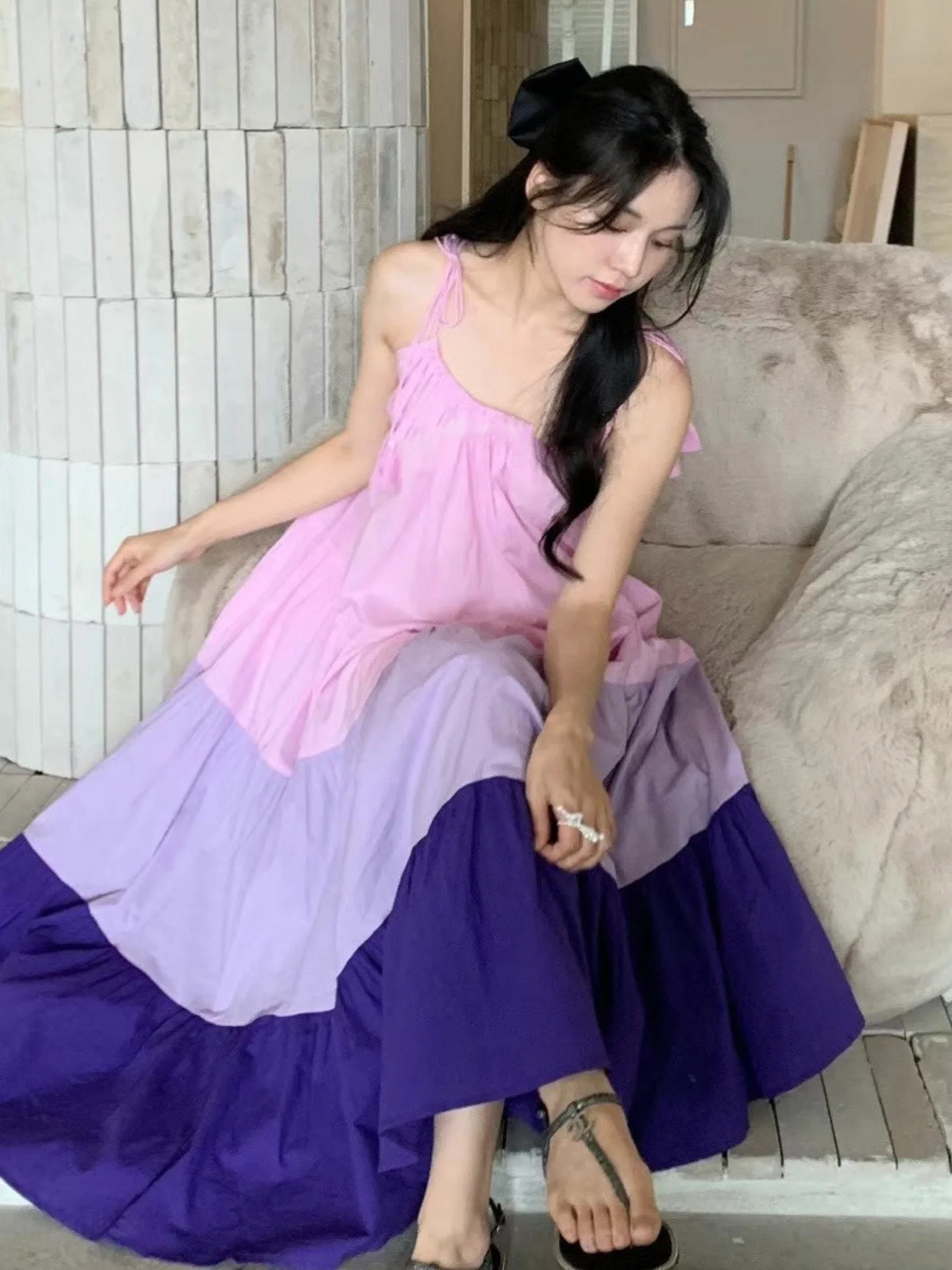 Chic Autumn New Gentle Vacation Style Patchwork Color Loose Dress Strapless Dress Korean Style Spring Summer Fall Winter Dress