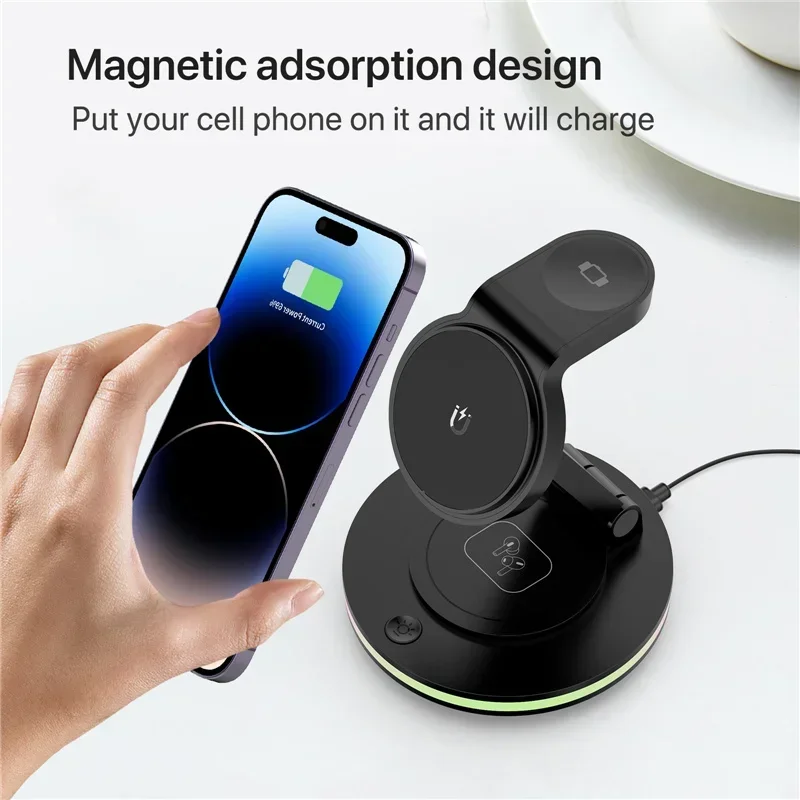 30W 4 in 1 Magnetic Wireless Charger Fast Rotate Foldable Night Light For iPhone 15 14 13 12 Pro Max Apple Watch 8 7 Aripods 2 3