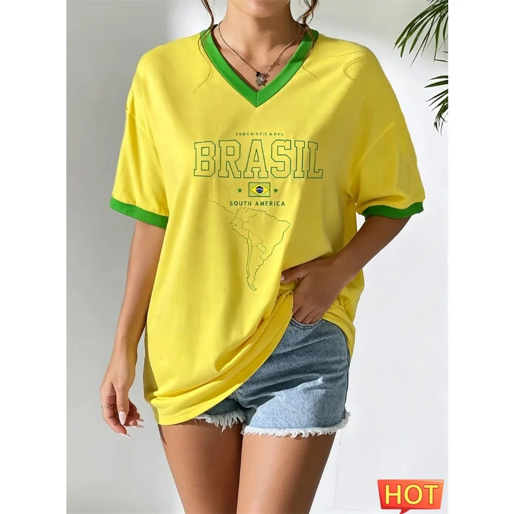 New Brazilian T-shirt Summer Women's V-neck T-shirt Brazilian Football T-shirt Yellow Gradient Women's Men's Quick Drying Tops