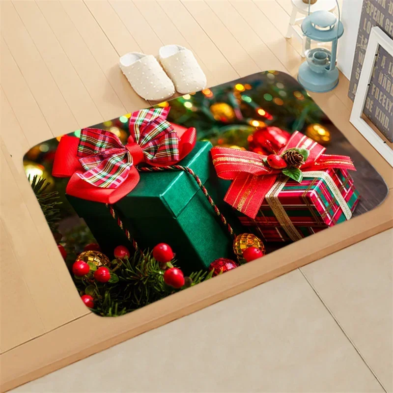 Christmas Door Mat Xmas Stocking Gift Blackboard Lantern Snow Print Non Slip Rug For Front Door Porch Entry Decor